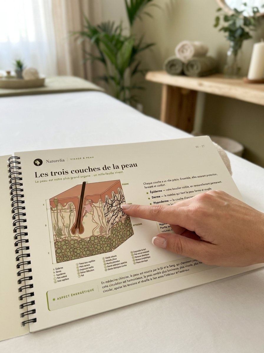 Le flipchart ouvert à plat sur la table de soin, une main désigne le schéma de la peau