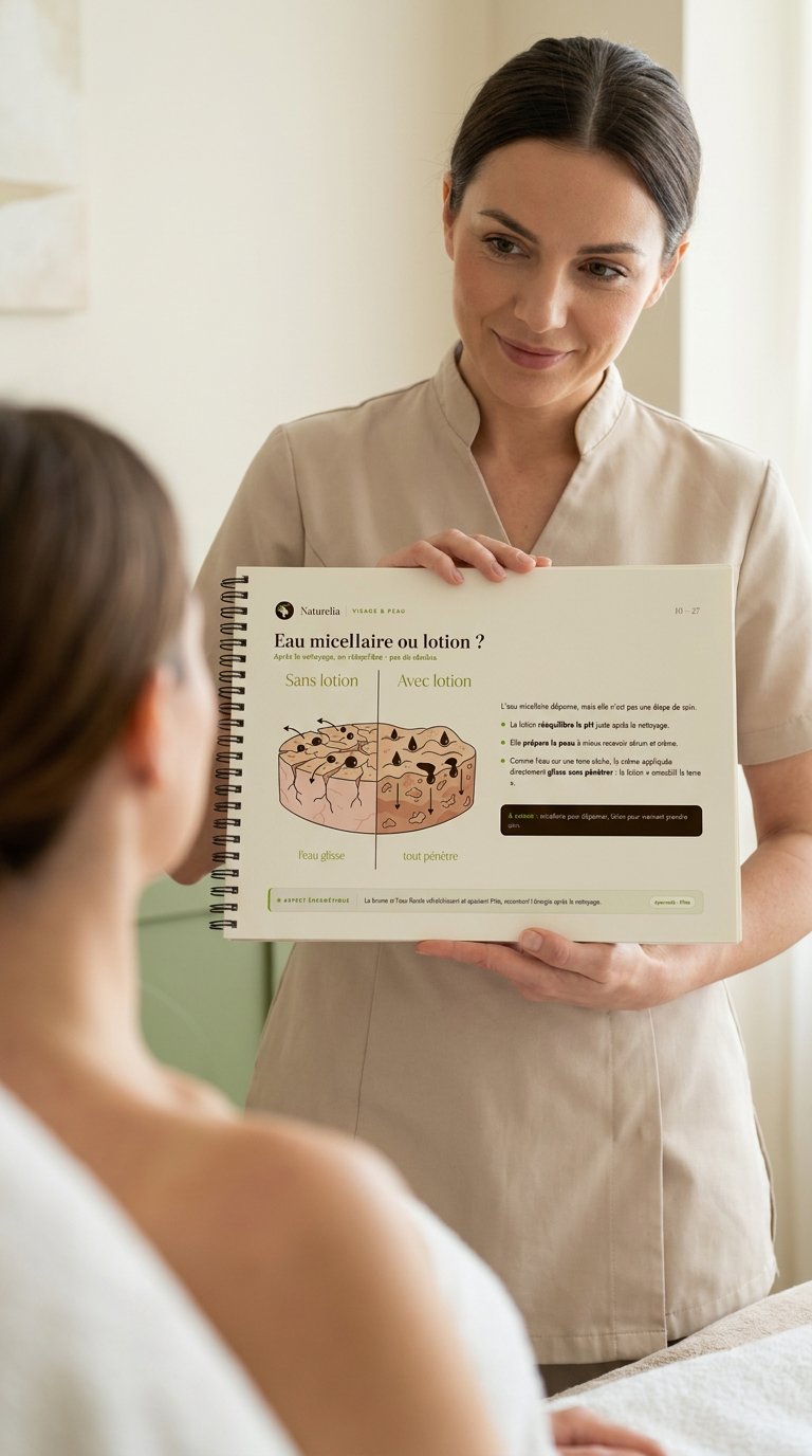 Une praticienne montre une page du flipchart à sa cliente