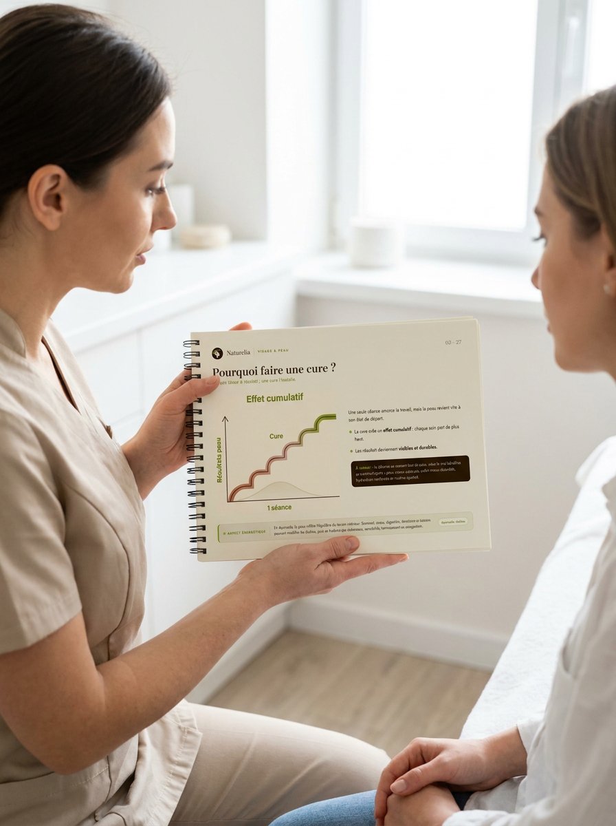 Une praticienne tient le flipchart ouvert sur la page « Pourquoi faire une cure ? » face à sa cliente