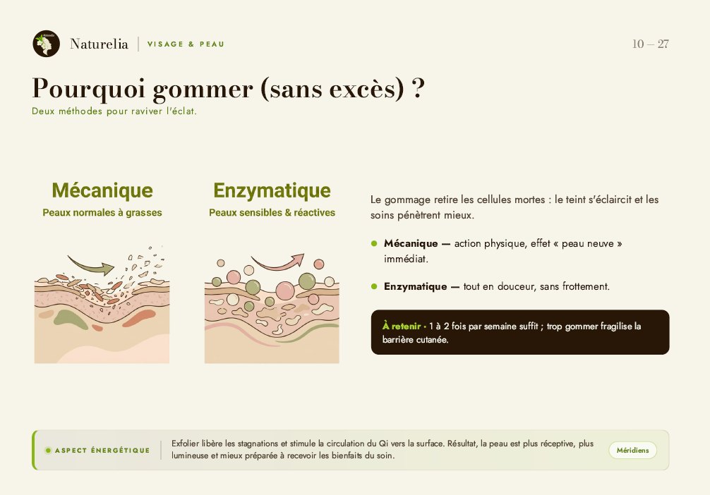 Page du flipchart : Pourquoi gommer (sans excès) ? — comparaison entre gommage mécanique et gommage enzymatique