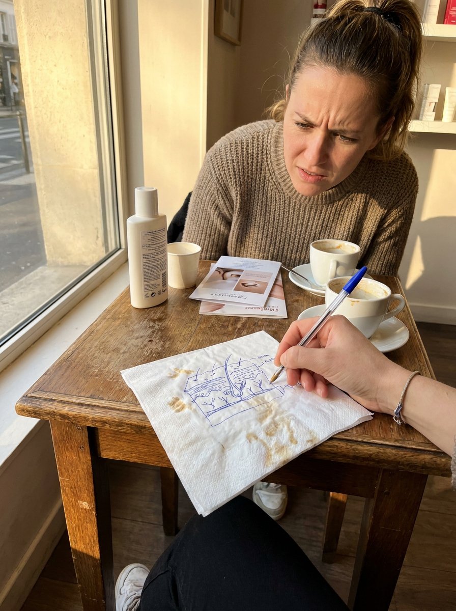 Une praticienne dessine un schéma de la peau à main levée sur un bout de papier