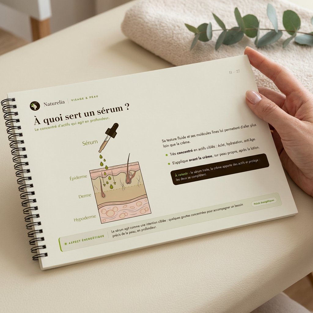 Le flipchart de consultation Naturelia ouvert sur la page « À quoi sert un sérum ? »