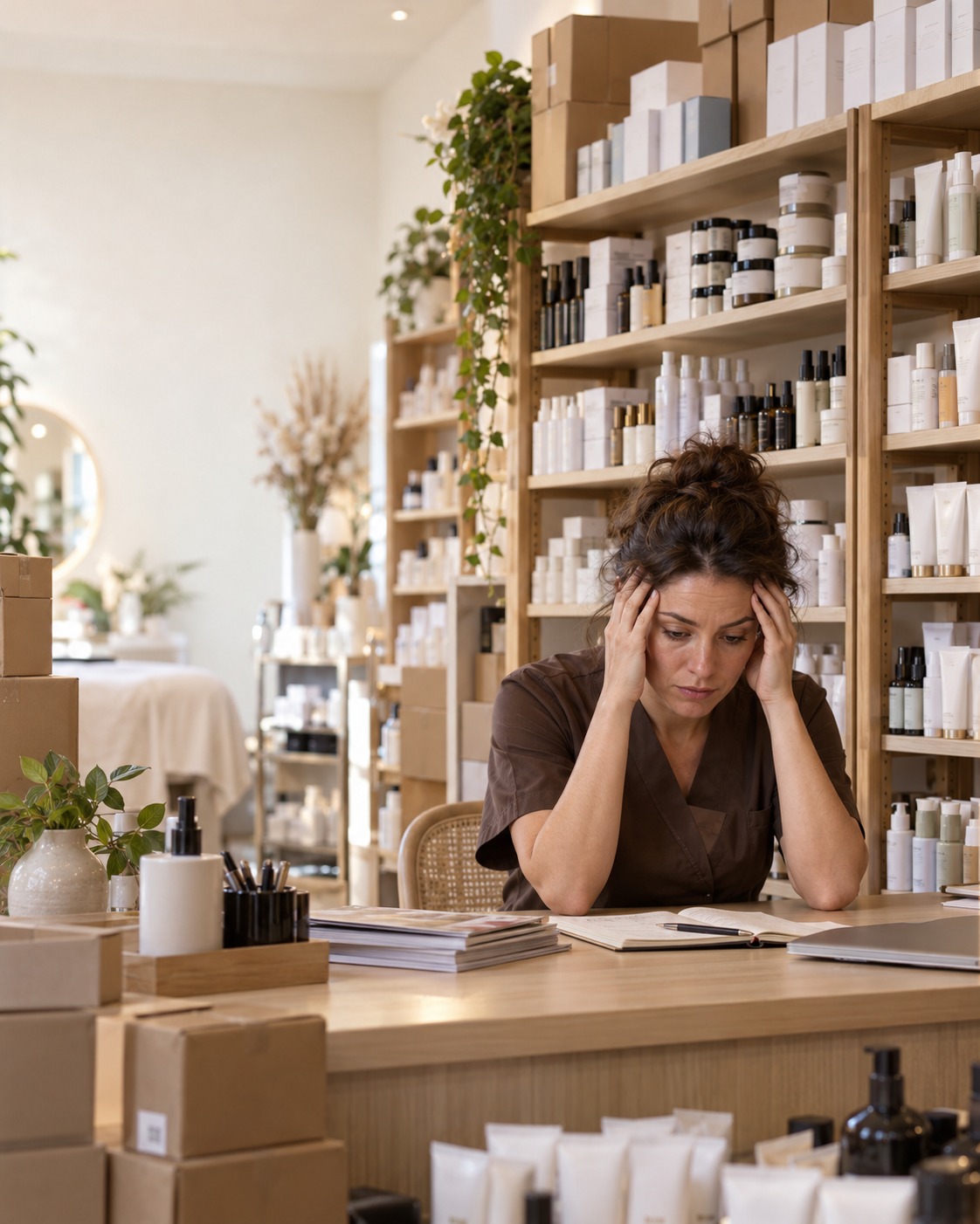 Une praticienne, la tête entre les mains, assise devant des étagères encore pleines de cosmétiques et de cartons de stock